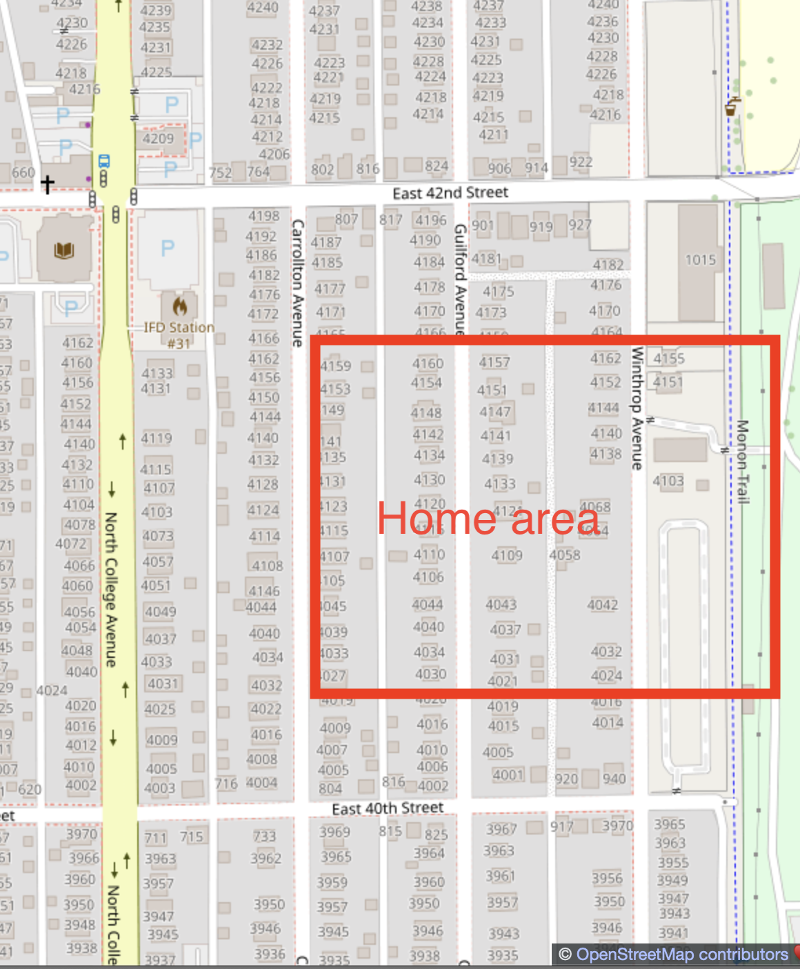 Map of the cats' home area in Meridian Kessler with highlighted rectangular region